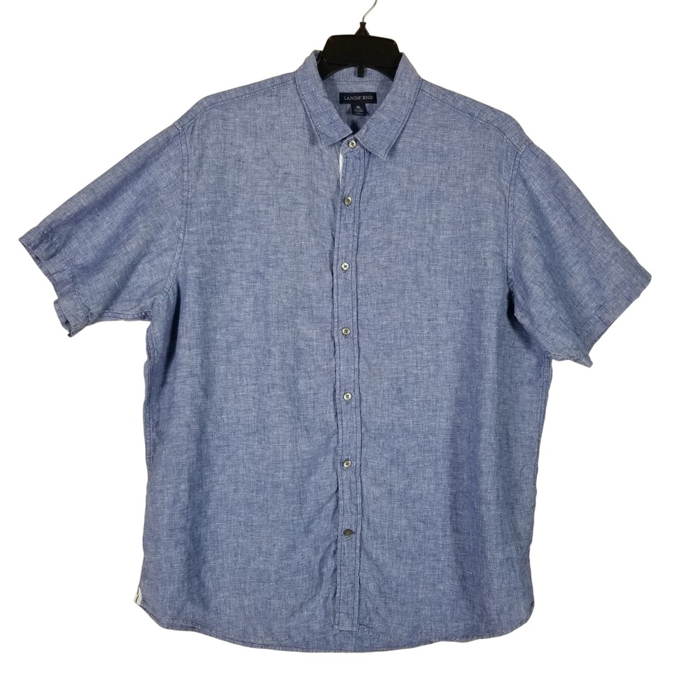 Lands End Button Up Mens XL Blue 100% Linen Short Sleeve Traditional Fit Shirt